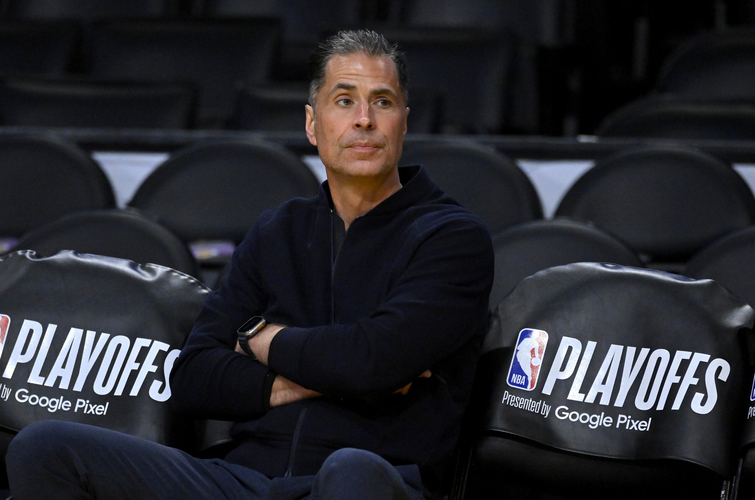Apr 28, 2023; Los Angeles, California, USA; Los Angeles Lakers vice president of basketball operations and general manager Rob Pelinka looks on prior to game six of the 2023 NBA playoffs against the Memphis Grizzlies at Crypto.com Arena. Mandatory Credit: Jayne Kamin-Oncea-USA TODAY Sports