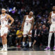 Jan 8, 2024; Los Angeles, California, USA; Phoenix Suns guard Devin Booker (1) and guard Bradley Beal (3) and forward Kevin Durant (35) stands on the floor during the fourth quarter against the Los Angeles Clippers at Crypto.com Arena. Mandatory Credit: Kiyoshi Mio-USA TODAY Sports