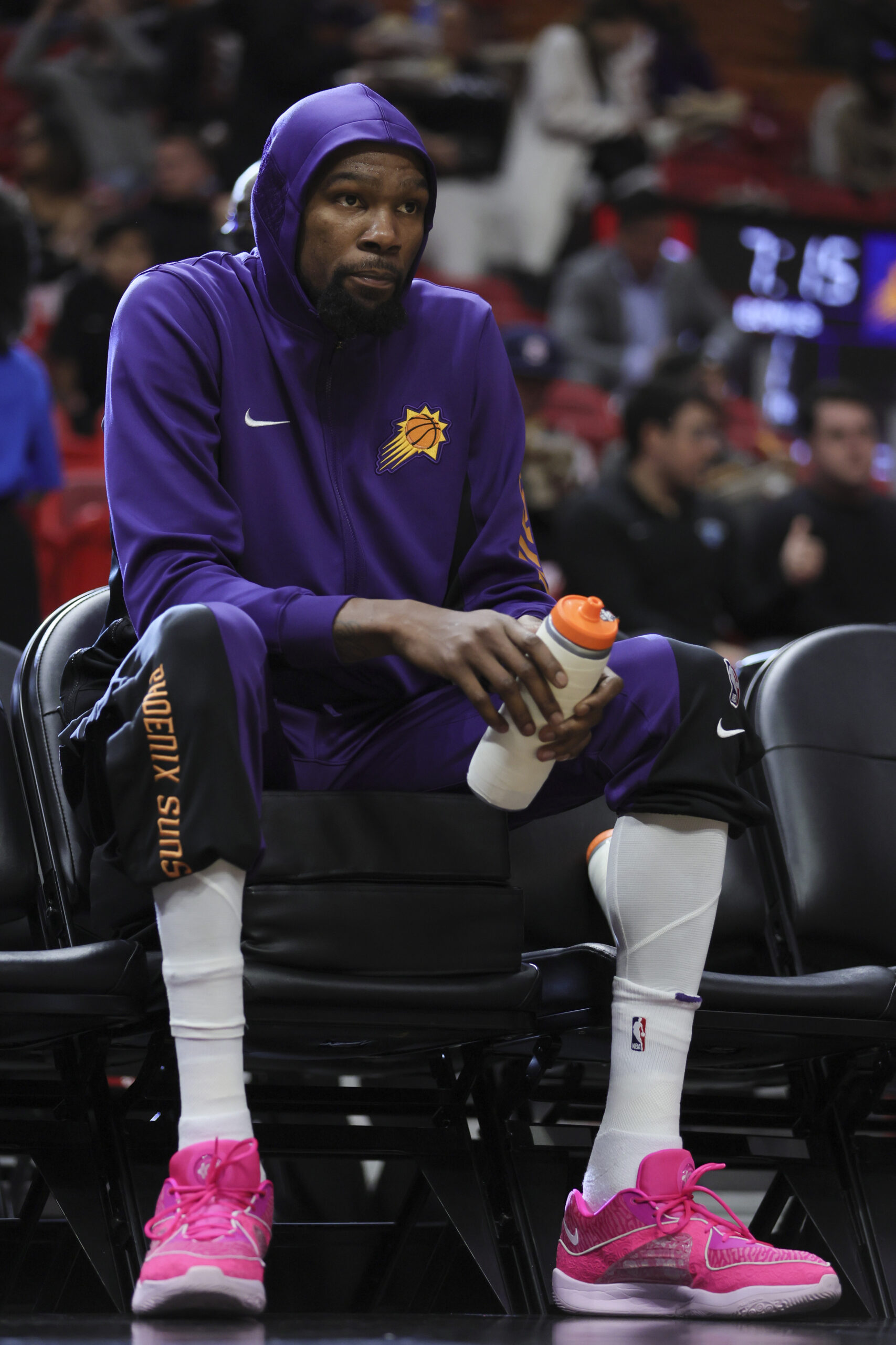 Jan 29, 2024; Miami, Florida, USA; Phoenix Suns forward Kevin Durant (35) looks on from the bench prior to the game against the Miami Heat at Kaseya Center. Mandatory Credit: Sam Navarro-USA TODAY Sports