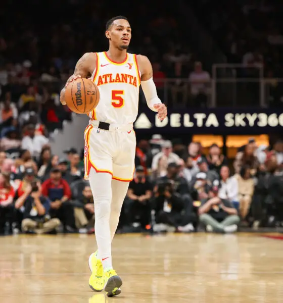 Feb 27, 2024; Atlanta, Georgia, USA; Atlanta Hawks guard Dejounte Murray (5) dribbles against the Utah Jazz in the first quarter at State Farm Arena. Mandatory Credit: Brett Davis-USA TODAY Sports