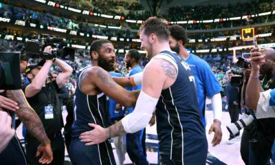 Mar 17, 2024; Dallas, Texas, USA; Dallas Mavericks guard Luka Doncic (77) celebrates with Dallas Mavericks guard Kyrie Irving (11) during the second half against the Denver Nuggets at American Airlines Center. Mandatory Credit: Kevin Jairaj-USA TODAY Sports