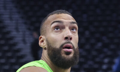 Mar 18, 2024; Salt Lake City, Utah, USA; Minnesota Timberwolves center Rudy Gobert (27) warms up before the game against the Utah Jazz at Delta Center. Mandatory Credit: Rob Gray-USA TODAY Sports