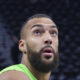 Mar 18, 2024; Salt Lake City, Utah, USA; Minnesota Timberwolves center Rudy Gobert (27) warms up before the game against the Utah Jazz at Delta Center. Mandatory Credit: Rob Gray-USA TODAY Sports