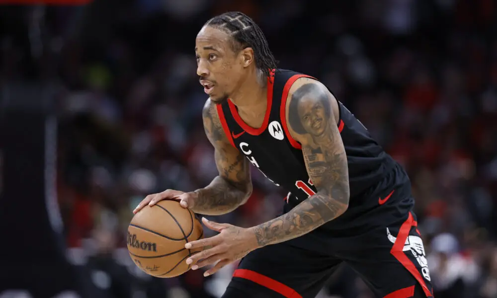 Apr 1, 2024; Chicago, Illinois, USA; Chicago Bulls forward DeMar DeRozan (11) looks to pass the ball against the Atlanta Hawks during the first half at United Center. Mandatory Credit: Kamil Krzaczynski-USA TODAY Sports