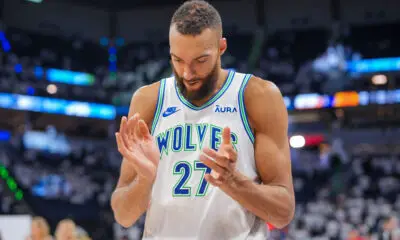 Apr 23, 2024; Minneapolis, Minnesota, USA; Minnesota Timberwolves center Rudy Gobert (27) celebrates after the game against the Phoenix Suns during game two of the first round for the 2024 NBA playoffs at Target Center. Mandatory Credit: Brad Rempel-USA TODAY Sports