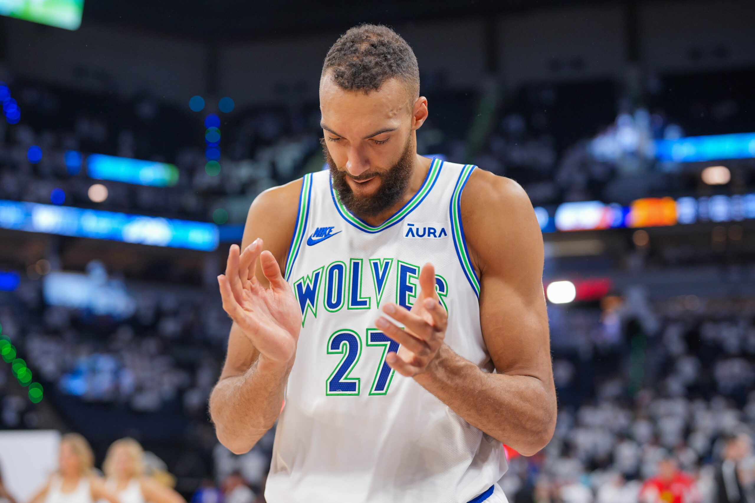 Apr 23, 2024; Minneapolis, Minnesota, USA; Minnesota Timberwolves center Rudy Gobert (27) celebrates after the game against the Phoenix Suns during game two of the first round for the 2024 NBA playoffs at Target Center. Mandatory Credit: Brad Rempel-USA TODAY Sports