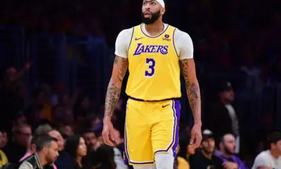 Apr 25, 2024; Los Angeles, California, USA; Los Angeles Lakers forward Anthony Davis (3) reacts during the first half in game three of the first round for the 2024 NBA playoffs at Crypto.com Arena. Mandatory Credit: Gary A. Vasquez-USA TODAY Sports