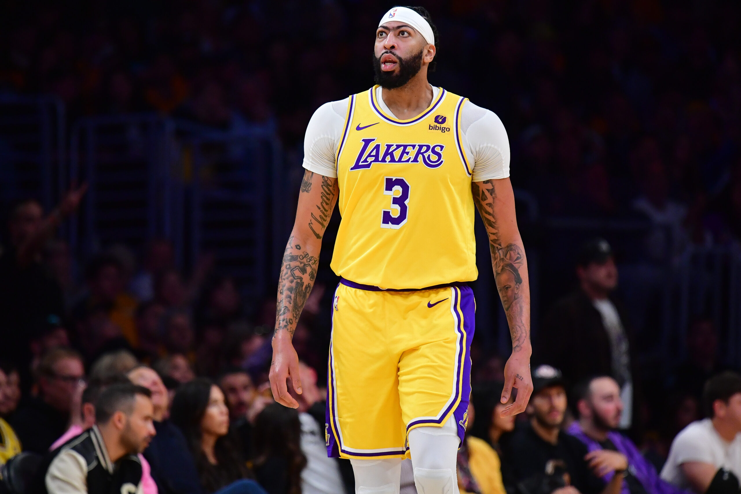 Apr 25, 2024; Los Angeles, California, USA; Los Angeles Lakers forward Anthony Davis (3) reacts during the first half in game three of the first round for the 2024 NBA playoffs at Crypto.com Arena. Mandatory Credit: Gary A. Vasquez-USA TODAY Sports