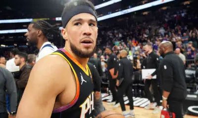 Apr 28, 2024; Phoenix, Arizona, USA; Phoenix Suns guard Devin Booker (1) leaves the court after game four of the first round for the 2024 NBA playoffs against the Minnesota Timberwolves at Footprint Center. Mandatory Credit: Joe Camporeale-USA TODAY Sports