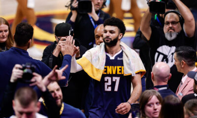 Apr 29, 2024; Denver, Colorado, USA; Denver Nuggets guard Jamal Murray (27) celebrates after defeating the Los Angeles Lakers in game five of the first round for the 2024 NBA playoffs at Ball Arena. Mandatory Credit: Isaiah J. Downing-USA TODAY Sports