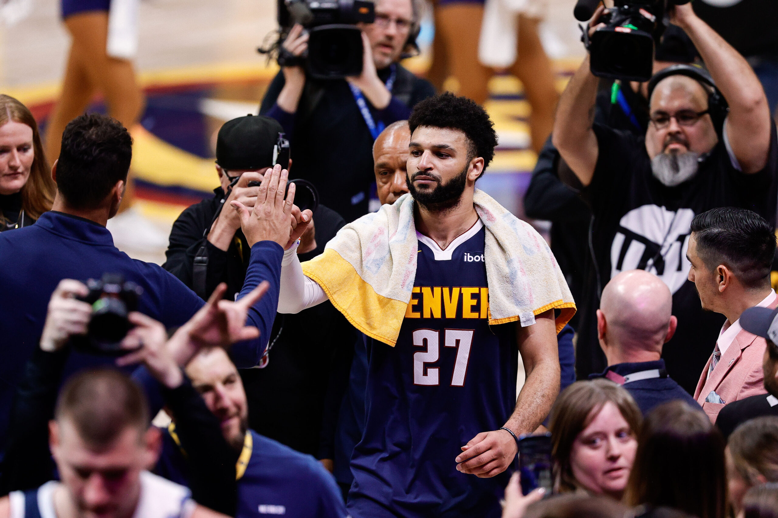 Apr 29, 2024; Denver, Colorado, USA; Denver Nuggets guard Jamal Murray (27) celebrates after defeating the Los Angeles Lakers in game five of the first round for the 2024 NBA playoffs at Ball Arena. Mandatory Credit: Isaiah J. Downing-USA TODAY Sports