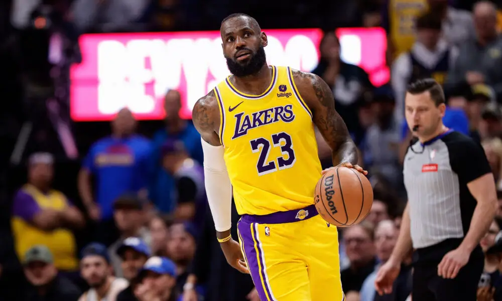 Apr 29, 2024; Denver, Colorado, USA; Los Angeles Lakers forward LeBron James (23) in the third quarter against the Denver Nuggets during game five of the first round for the 2024 NBA playoffs at Ball Arena. Mandatory Credit: Isaiah J. Downing-USA TODAY Sports