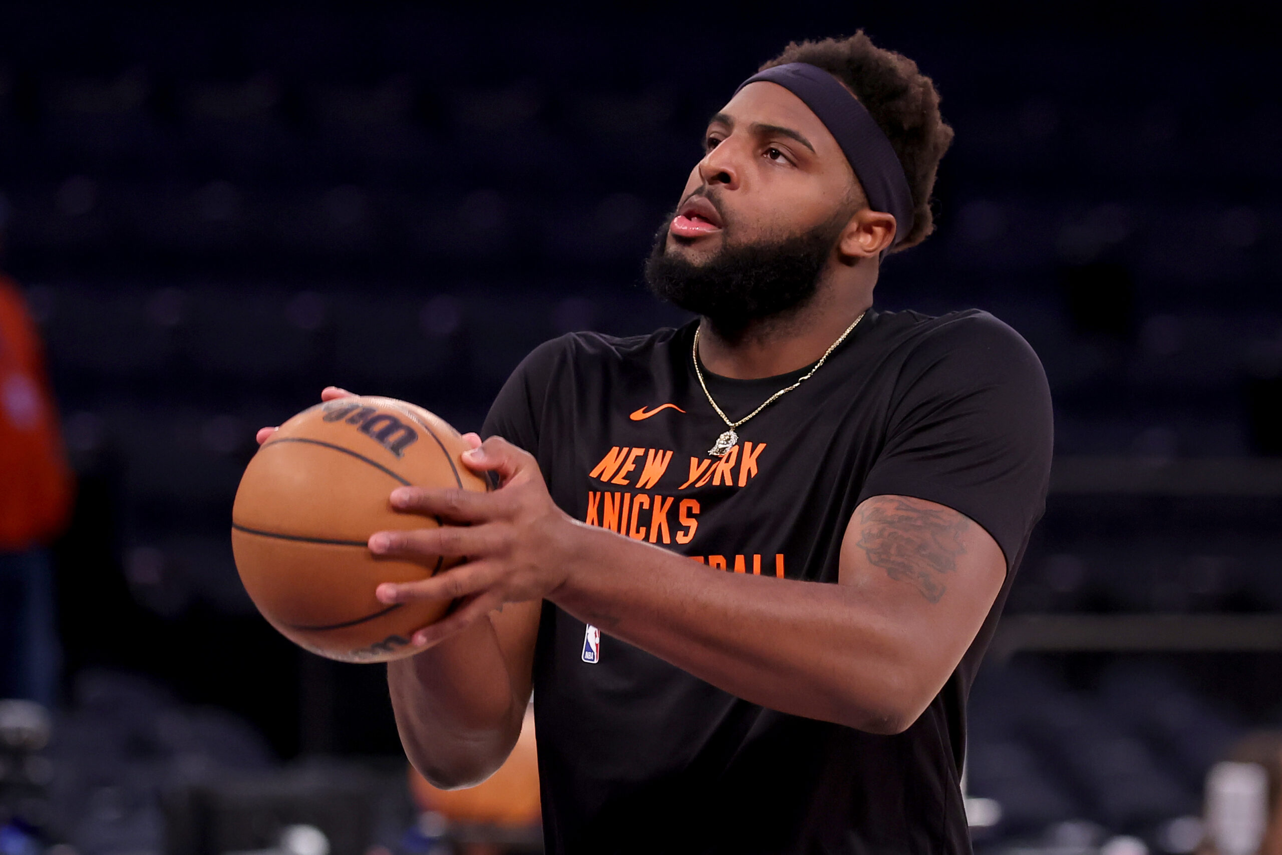 Apr 30, 2024; New York, New York, USA; New York Knicks center Mitchell Robinson (23) warms up before game five of the first round of the 2024 NBA playoffs against the Philadelphia 76ers at Madison Square Garden. Mandatory Credit: Brad Penner-USA TODAY Sports
