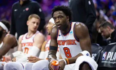 May 2, 2024; Philadelphia, Pennsylvania, USA; New York Knicks forward OG Anunoby (8) during a timeout against the Philadelphia 76ers in game six of the first round for the 2024 NBA playoffs at Wells Fargo Center. Mandatory Credit: Bill Streicher-USA TODAY Sports