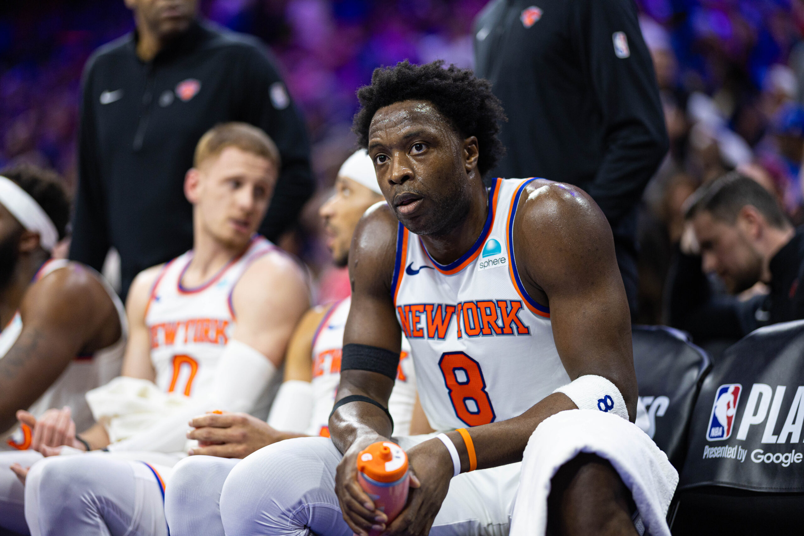 May 2, 2024; Philadelphia, Pennsylvania, USA; New York Knicks forward OG Anunoby (8) during a timeout against the Philadelphia 76ers in game six of the first round for the 2024 NBA playoffs at Wells Fargo Center. Mandatory Credit: Bill Streicher-USA TODAY Sports