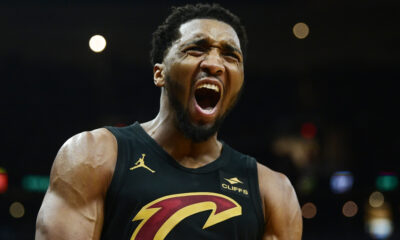 May 5, 2024; Cleveland, Ohio, USA; Cleveland Cavaliers guard Donovan Mitchell (45) reacts after a basket during the second half against the Orlando Magic in game seven of the first round for the 2024 NBA playoffs at Rocket Mortgage FieldHouse. Mandatory Credit: Ken Blaze-USA TODAY Sports