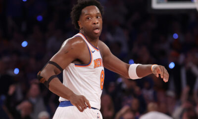 May 6, 2024; New York, New York, USA; New York Knicks forward OG Anunoby (8) reacts after a basket during the second quarter of game one of the second round of the 2024 NBA playoffs against the Indiana Pacers at Madison Square Garden. Mandatory Credit: Brad Penner-USA TODAY Sports