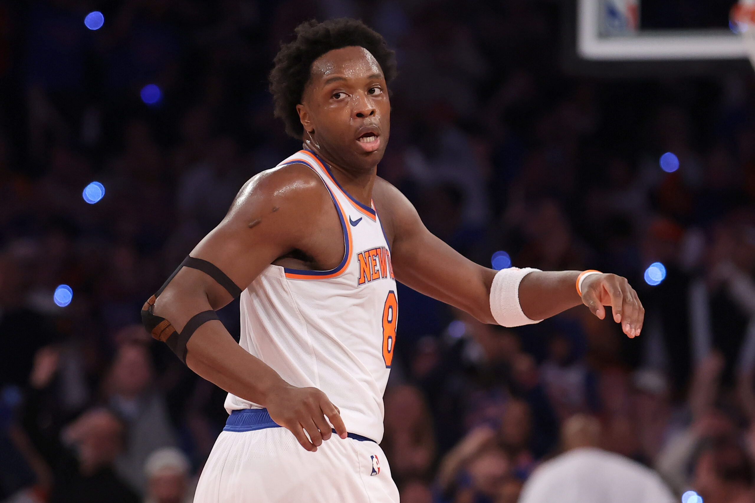 May 6, 2024; New York, New York, USA; New York Knicks forward OG Anunoby (8) reacts after a basket during the second quarter of game one of the second round of the 2024 NBA playoffs against the Indiana Pacers at Madison Square Garden. Mandatory Credit: Brad Penner-USA TODAY Sports