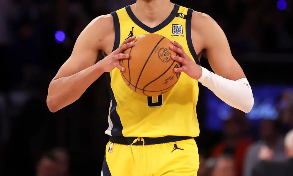 May 6, 2024; New York, New York, USA; Indiana Pacers guard Tyrese Haliburton (0) reacts during the third quarter of game one of the second round of the 2024 NBA playoffs against the New York Knicks at Madison Square Garden. Mandatory Credit: Brad Penner-USA TODAY Sports