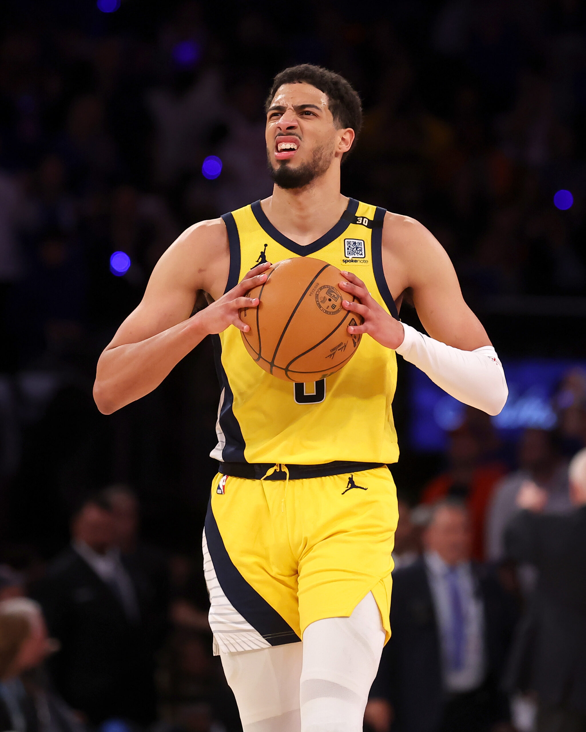 May 6, 2024; New York, New York, USA; Indiana Pacers guard Tyrese Haliburton (0) reacts during the third quarter of game one of the second round of the 2024 NBA playoffs against the New York Knicks at Madison Square Garden. Mandatory Credit: Brad Penner-USA TODAY Sports