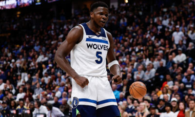 May 6, 2024; Denver, Colorado, USA; Minnesota Timberwolves guard Anthony Edwards (5) reacts after a play in the second quarter against the Denver Nuggets during game two of the second round for the 2024 NBA playoffs at Ball Arena. Mandatory Credit: Isaiah J. Downing-USA TODAY Sports