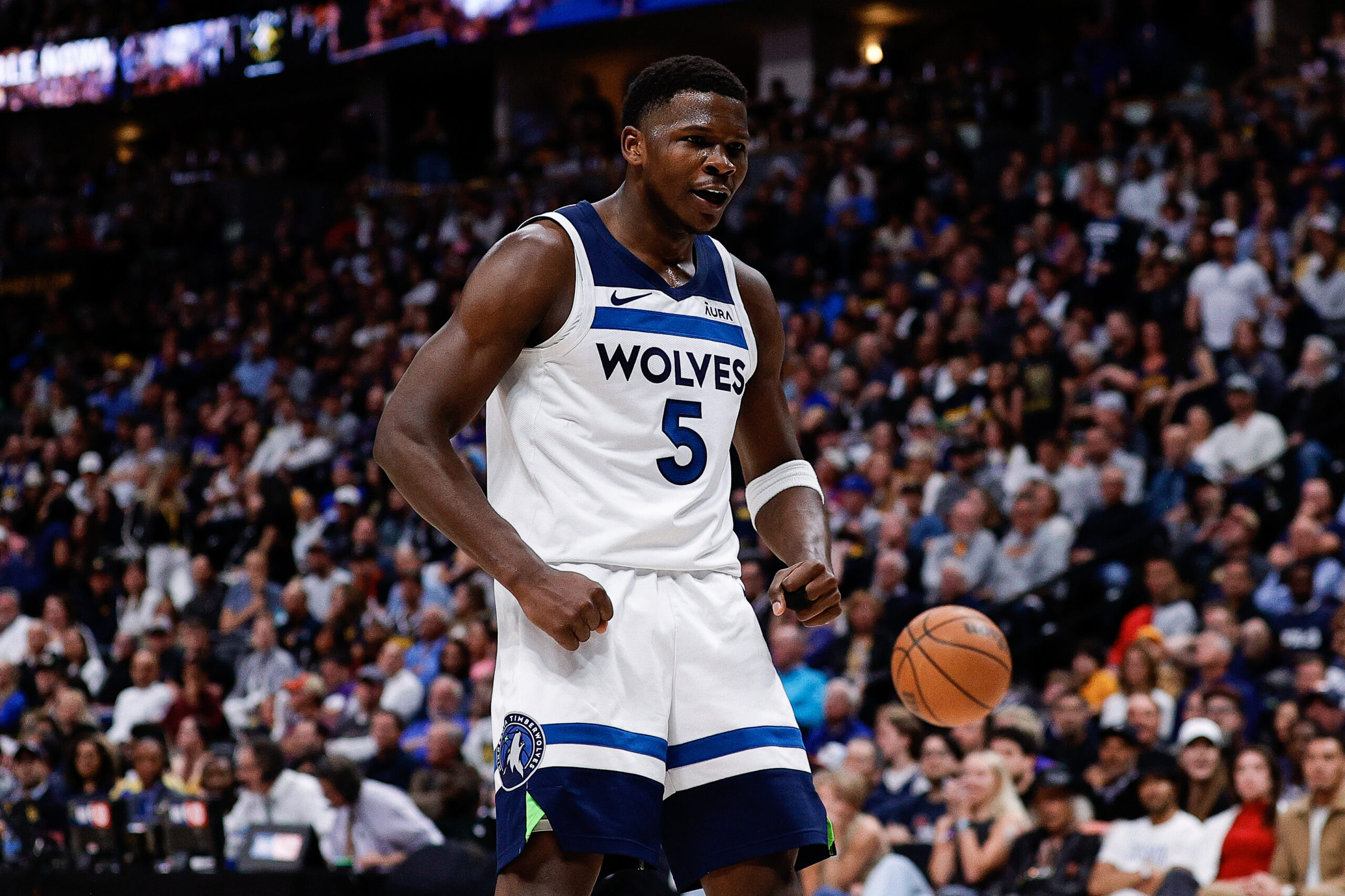 May 6, 2024; Denver, Colorado, USA; Minnesota Timberwolves guard Anthony Edwards (5) reacts after a play in the second quarter against the Denver Nuggets during game two of the second round for the 2024 NBA playoffs at Ball Arena. Mandatory Credit: Isaiah J. Downing-USA TODAY Sports