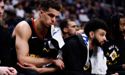 May 6, 2024; Denver, Colorado, USA; Denver Nuggets forward Michael Porter Jr. (1) and guard Jamal Murray (27) on the bench in the fourth quarter against the Minnesota Timberwolves during game two of the second round for the 2024 NBA playoffs at Ball Arena. Mandatory Credit: Isaiah J. Downing-USA TODAY Sports