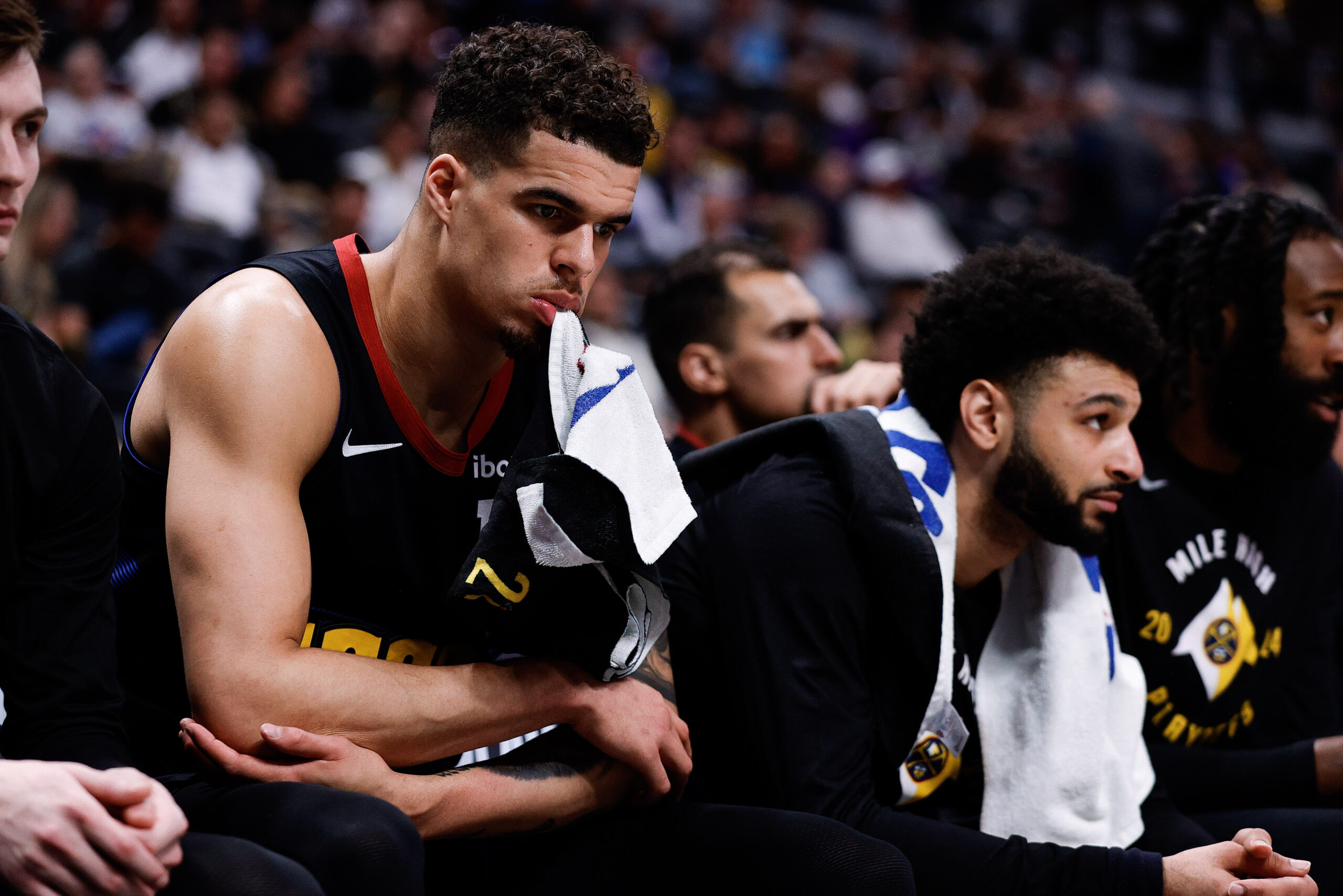 May 6, 2024; Denver, Colorado, USA; Denver Nuggets forward Michael Porter Jr. (1) and guard Jamal Murray (27) on the bench in the fourth quarter against the Minnesota Timberwolves during game two of the second round for the 2024 NBA playoffs at Ball Arena. Mandatory Credit: Isaiah J. Downing-USA TODAY Sports