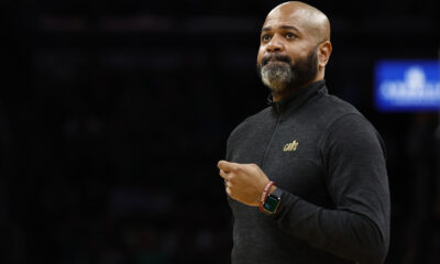 May 7, 2024; Boston, Massachusetts, USA; Cleveland Cavaliers head coach J.B. Bickerstaff checks the scoreboard during a timeout in the second quarter of game one of the second round of the 2024 NBA playoffs against the Boston Celtics at TD Garden. Mandatory Credit: Winslow Townson-USA TODAY Sports