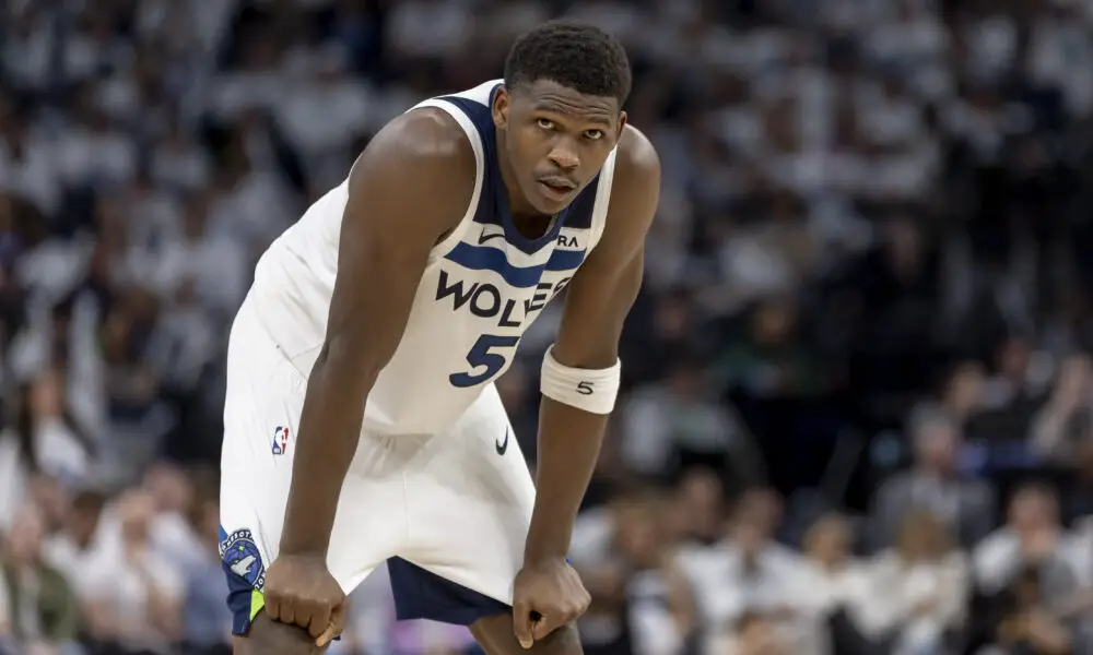 May 10, 2024; Minneapolis, Minnesota, USA; Minnesota Timberwolves guard Anthony Edwards (5) looks on against the Denver Nuggets in the second half during game three of the second round for the 2024 NBA playoffs at Target Center. Mandatory Credit: Jesse Johnson-USA TODAY Sports