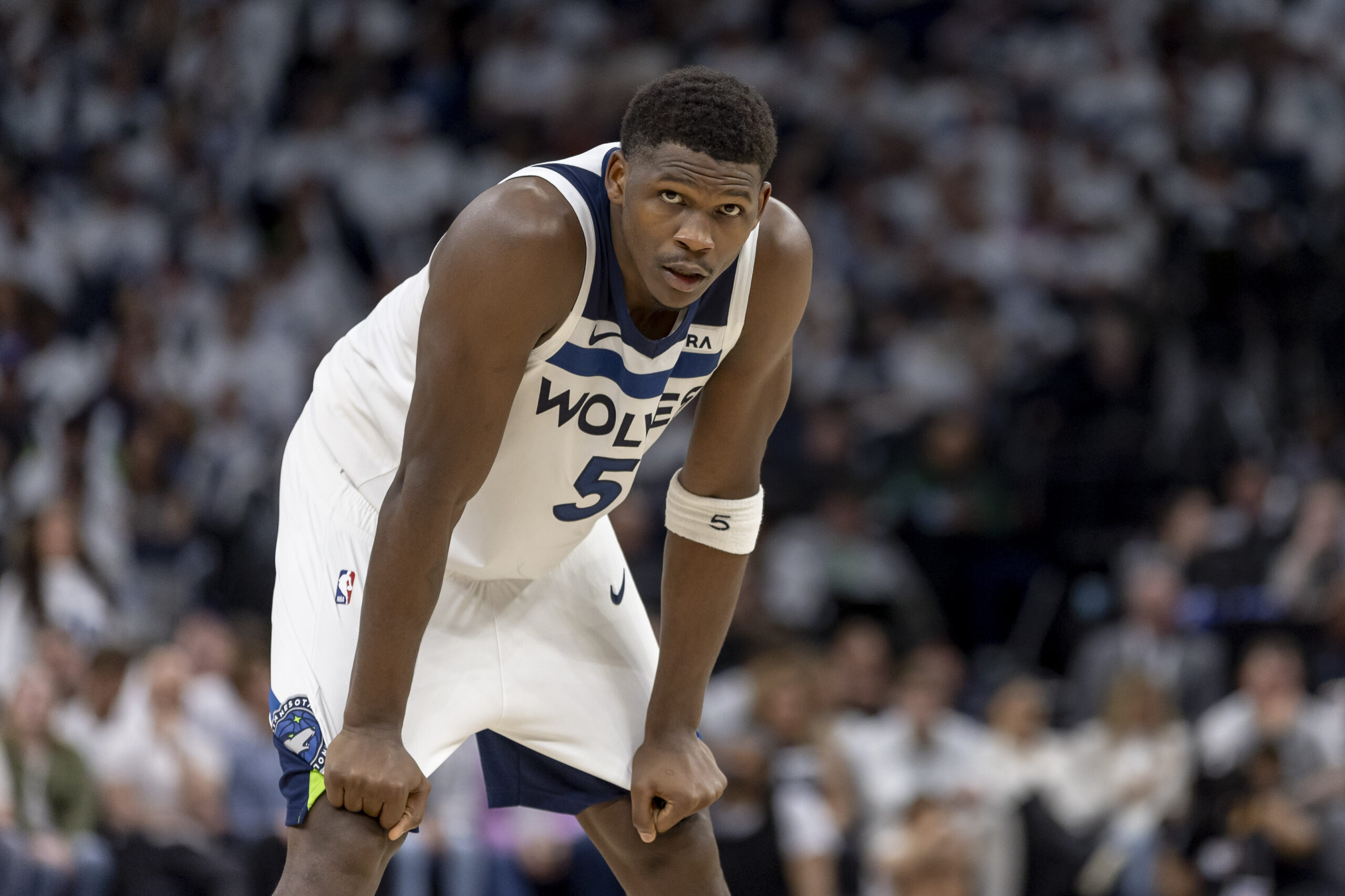 May 10, 2024; Minneapolis, Minnesota, USA; Minnesota Timberwolves guard Anthony Edwards (5) looks on against the Denver Nuggets in the second half during game three of the second round for the 2024 NBA playoffs at Target Center. Mandatory Credit: Jesse Johnson-USA TODAY Sports