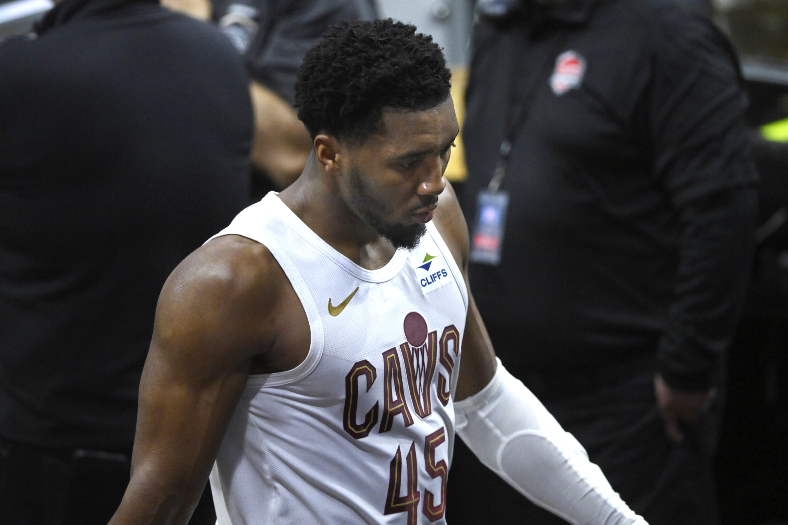 May 11, 2024; Cleveland, Ohio, USA; Cleveland Cavaliers guard Donovan Mitchell (45) walks to the locker room late in the fourth quarter against the Boston Celtics in game three of the second round of the 2024 NBA playoffs at Rocket Mortgage FieldHouse. Mandatory Credit: David Richard-USA TODAY Sports