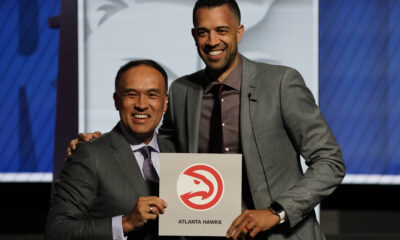 May 12, 2024; Chicago, IL, USA; Atlanta Hawks general manager Landry Fields (right) and Mark Tatum Deputy commissioner of the NBA after the Hawks get the number one pick in the 2024 NBA Draft Lottery at McCormick Place West. Mandatory Credit: David Banks-USA TODAY Sports