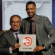 May 12, 2024; Chicago, IL, USA; Atlanta Hawks general manager Landry Fields (right) and Mark Tatum Deputy commissioner of the NBA after the Hawks get the number one pick in the 2024 NBA Draft Lottery at McCormick Place West. Mandatory Credit: David Banks-USA TODAY Sports