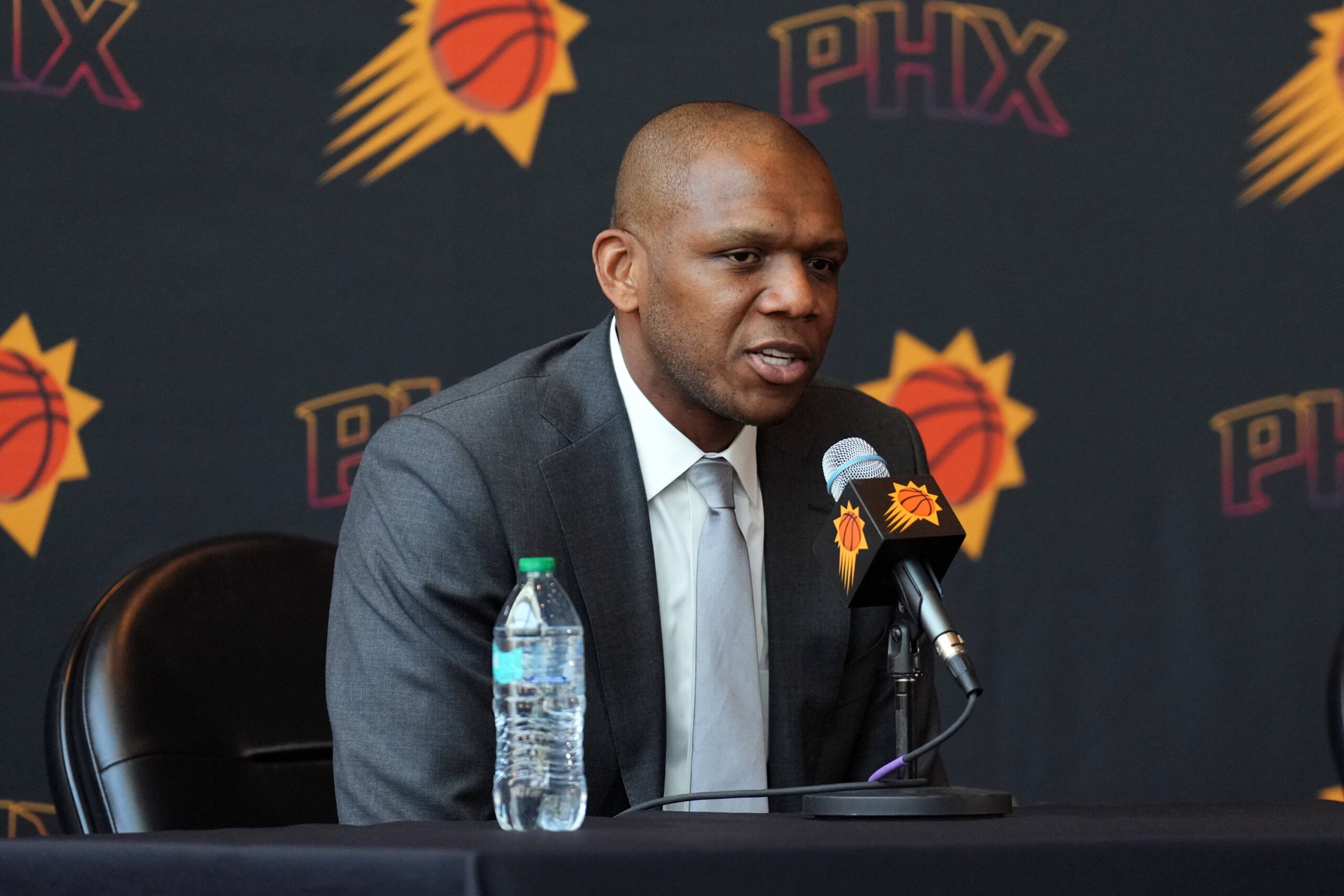 May 17, 2024; Phoenix, AZ, USA; Phoenix Suns General Manager James Jones speaks during a press conference to announce Mike Budenholzer as head coach. Mandatory Credit: Joe Camporeale-USA TODAY Sports