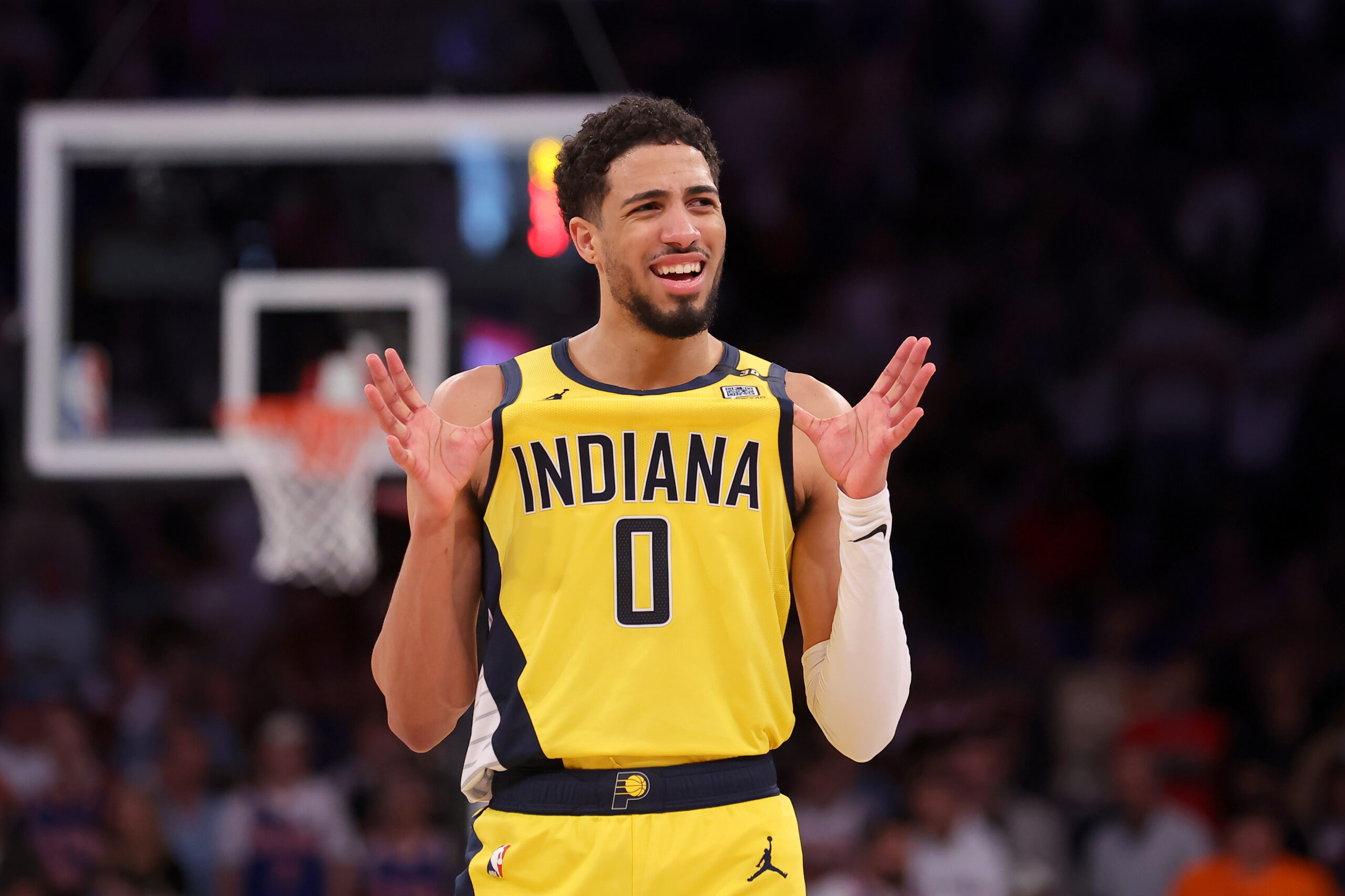 May 19, 2024; New York, New York, USA; Indiana Pacers guard Tyrese Haliburton (0) reacts during the fourth quarter of game seven of the second round of the 2024 NBA playoffs against the New York Knicks at Madison Square Garden. Mandatory Credit: Brad Penner-USA TODAY Sports