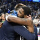 May 26, 2024; Dallas, Texas, USA; Dallas Mavericks guard Luka Doncic (77) and guard Kyrie Irving (11) embrace after the win against the Minnesota Timberwolves in game three of the western conference finals for the 2024 NBA playoffs at American Airlines Center. Mandatory Credit: Jerome Miron-USA TODAY Sports