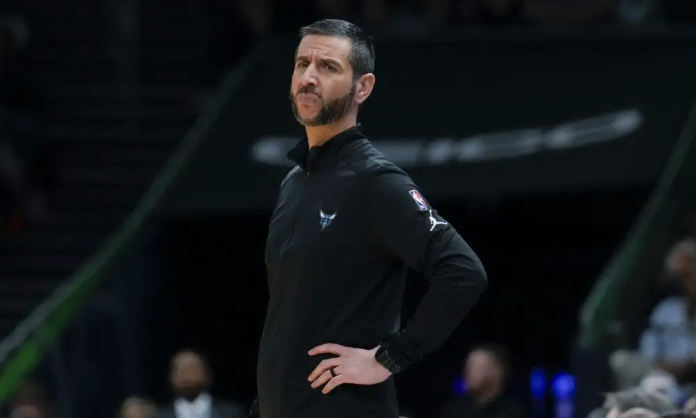 Mar 21, 2022; Charlotte, North Carolina, USA; Charlotte Hornets head coach James Borrego reacts to a foul call during the second half against the New Orleans Pelicans at Spectrum Center. Mandatory Credit: Jim Dedmon-USA TODAY Sports