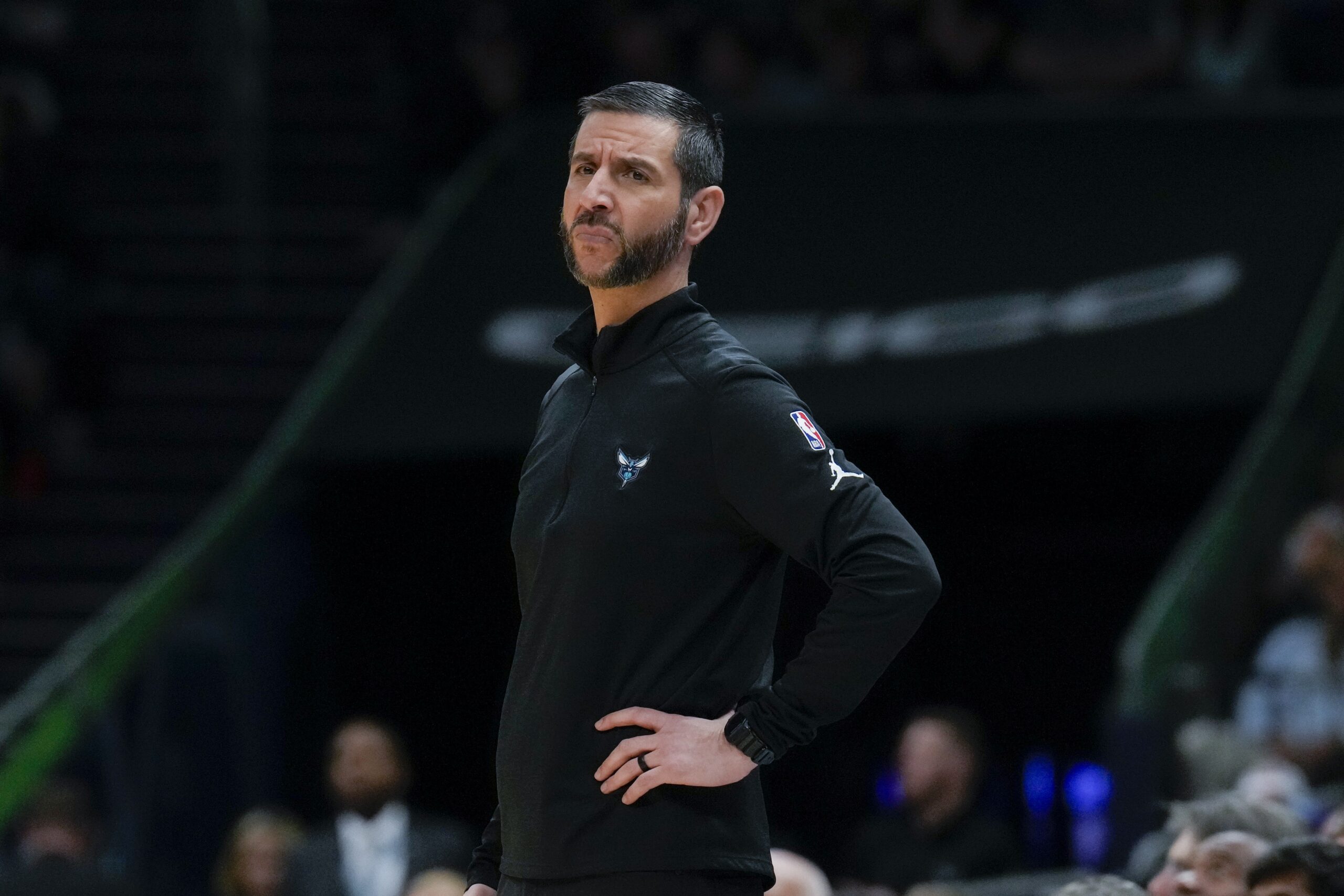 Mar 21, 2022; Charlotte, North Carolina, USA; Charlotte Hornets head coach James Borrego reacts to a foul call during the second half against the New Orleans Pelicans at Spectrum Center. Mandatory Credit: Jim Dedmon-USA TODAY Sports