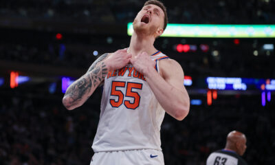 Jan 15, 2024; New York, New York, USA; New York Knicks center Isaiah Hartenstein (55) reacts after being called for a foul during the second half against the Orlando Magic at Madison Square Garden. Mandatory Credit: Vincent Carchietta-USA TODAY Sports