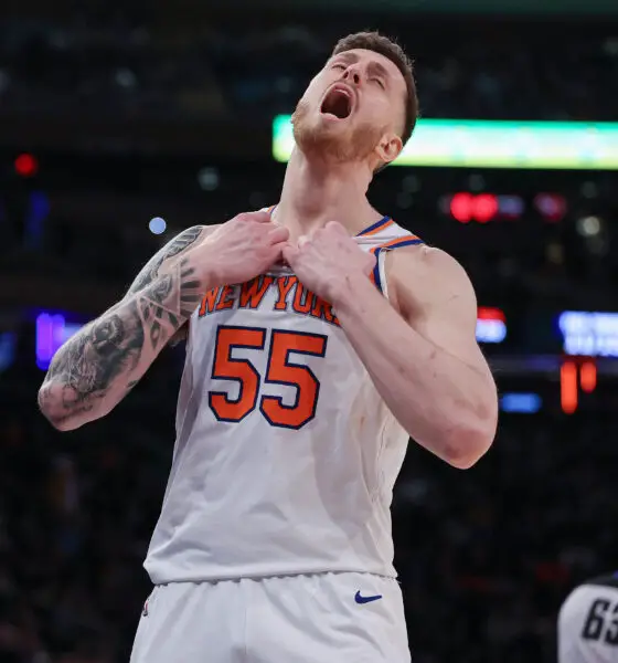Jan 15, 2024; New York, New York, USA; New York Knicks center Isaiah Hartenstein (55) reacts after being called for a foul during the second half against the Orlando Magic at Madison Square Garden. Mandatory Credit: Vincent Carchietta-USA TODAY Sports