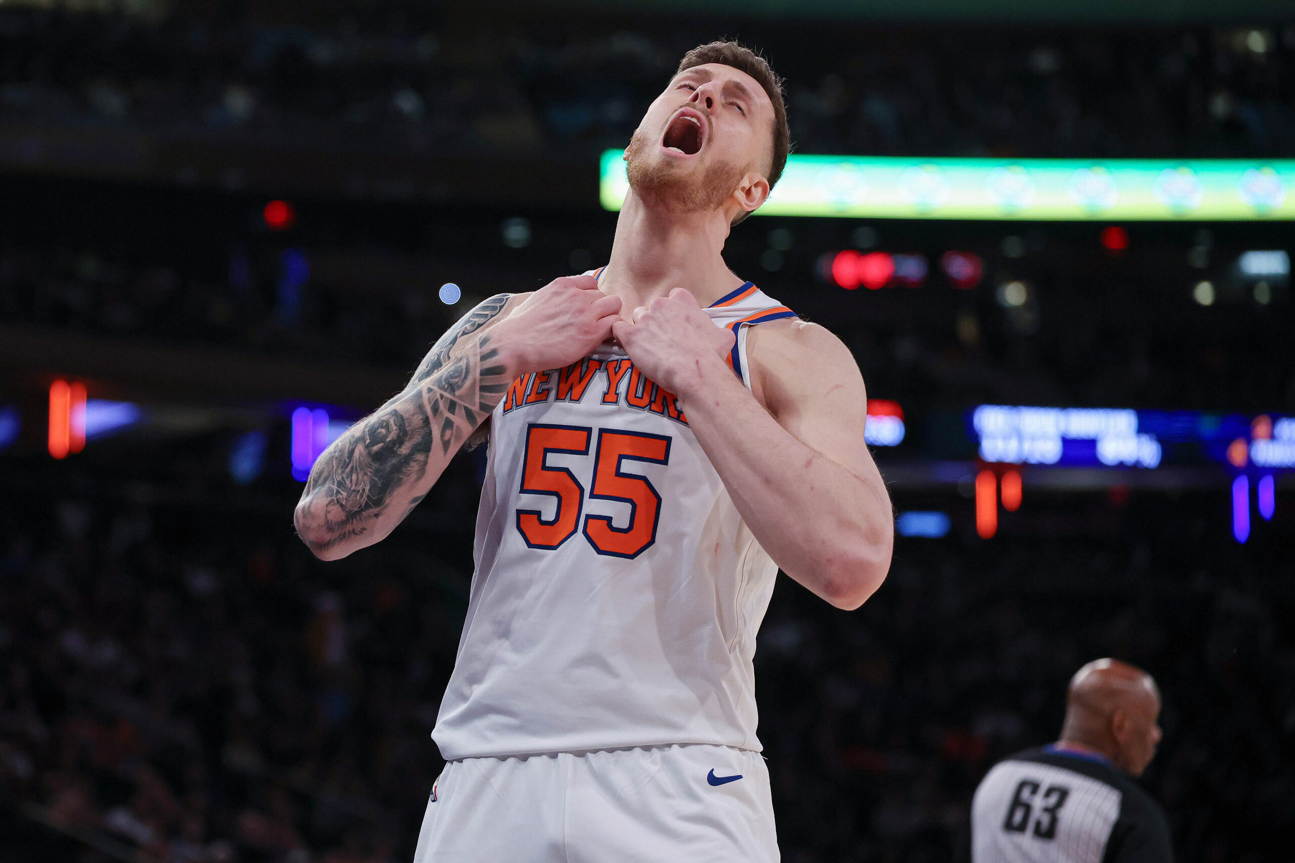 Jan 15, 2024; New York, New York, USA; New York Knicks center Isaiah Hartenstein (55) reacts after being called for a foul during the second half against the Orlando Magic at Madison Square Garden. Mandatory Credit: Vincent Carchietta-USA TODAY Sports