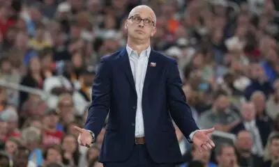 Apr 6, 2024; Glendale, AZ, USA; Connecticut Huskies head coach Dan Hurley reacts against the Alabama Crimson Tide in the semifinals of the men's Final Four of the 2024 NCAA Tournament at State Farm Stadium. Mandatory Credit: Robert Deutsch-USA TODAY Sports