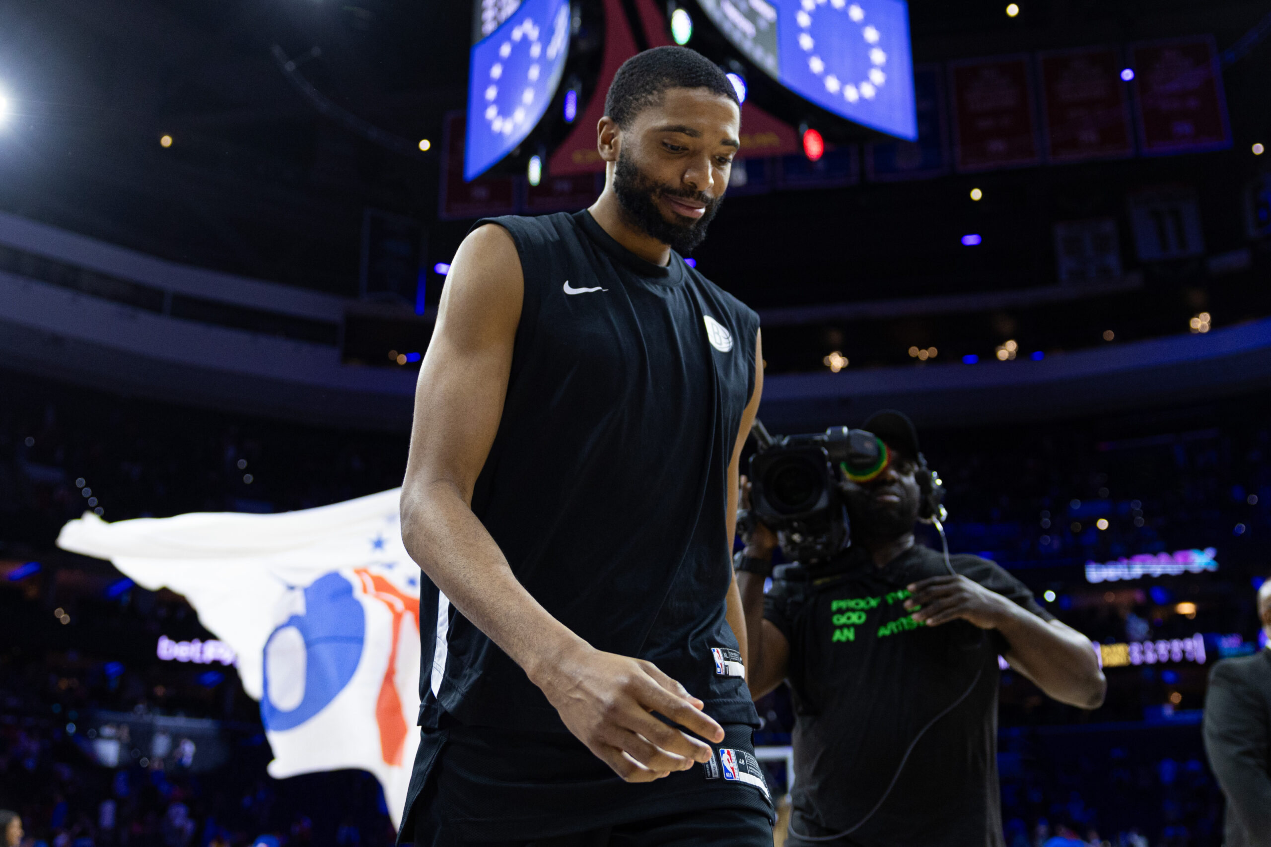 Apr 14, 2024; Philadelphia, Pennsylvania, USA; Brooklyn Nets forward Mikal Bridges walks off the court after a loss against the Philadelphia 76ers at Wells Fargo Center. Mandatory Credit: Bill Streicher-USA TODAY Sports