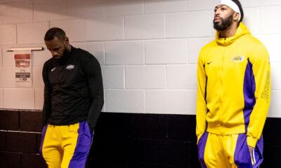 Apr 14, 2024; New Orleans, Louisiana, USA; Los Angeles Lakers forward LeBron James (23) and forward Anthony Davis (3) look on from the tunnel before the first half against the New Orleans Pelicans at Smoothie King Center. Mandatory Credit: Stephen Lew-USA TODAY Sports