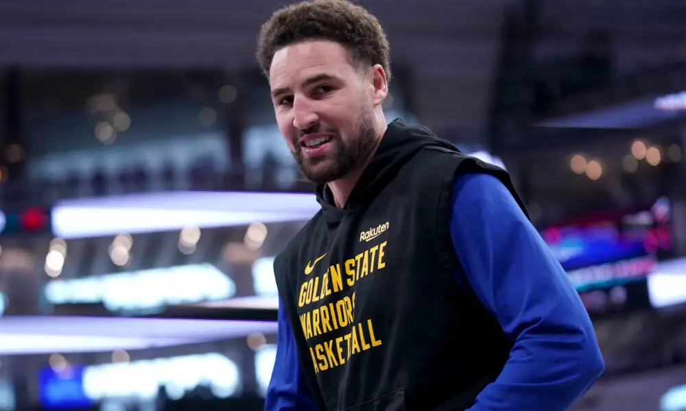 Apr 16, 2024; Sacramento, California, USA; Golden State Warriors guard Klay Thompson (11) warms up before a play-in game against the Sacramento Kings in the 2024 NBA playoffs at the Golden 1 Center. Mandatory Credit: Cary Edmondson-USA TODAY Sports