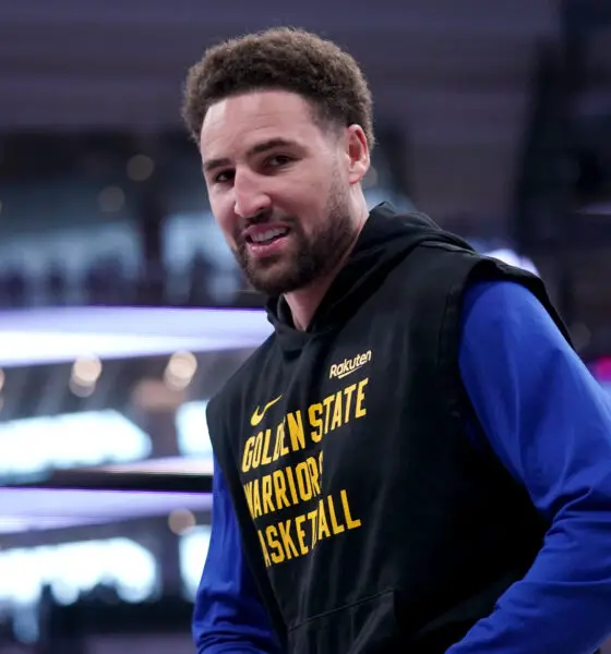 Apr 16, 2024; Sacramento, California, USA; Golden State Warriors guard Klay Thompson (11) warms up before a play-in game against the Sacramento Kings in the 2024 NBA playoffs at the Golden 1 Center. Mandatory Credit: Cary Edmondson-USA TODAY Sports