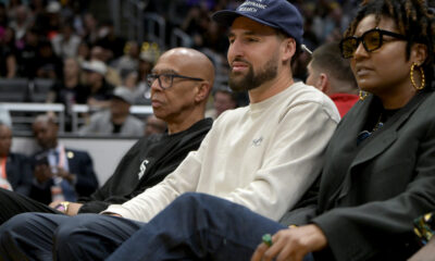 May 24, 2024; Los Angeles, California, USA; Former NBA player Mychal Thompson and his son Golden State Warriors Klay Thompson attend the game between the Los Angeles Sparks and the Indiana Fever at Crypto.com Arena. Mandatory Credit: Jayne Kamin-Oncea-USA TODAY Sports