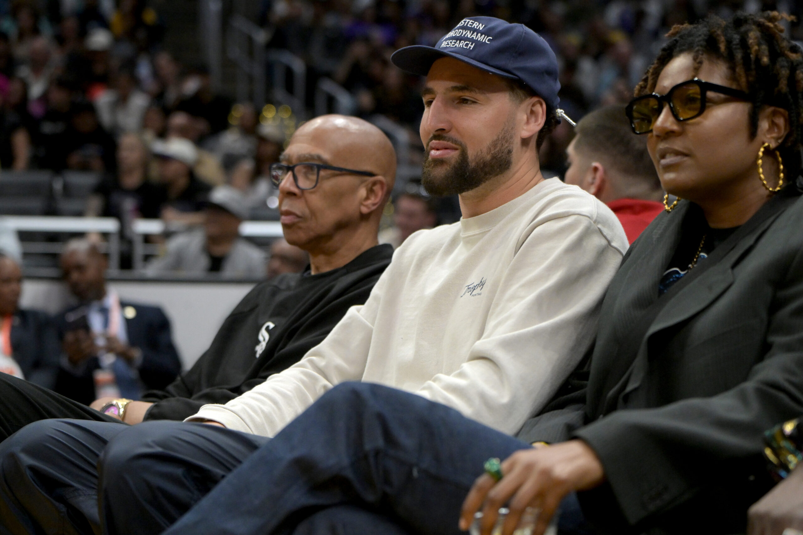 May 24, 2024; Los Angeles, California, USA; Former NBA player Mychal Thompson and his son Golden State Warriors Klay Thompson attend the game between the Los Angeles Sparks and the Indiana Fever at Crypto.com Arena. Mandatory Credit: Jayne Kamin-Oncea-USA TODAY Sports