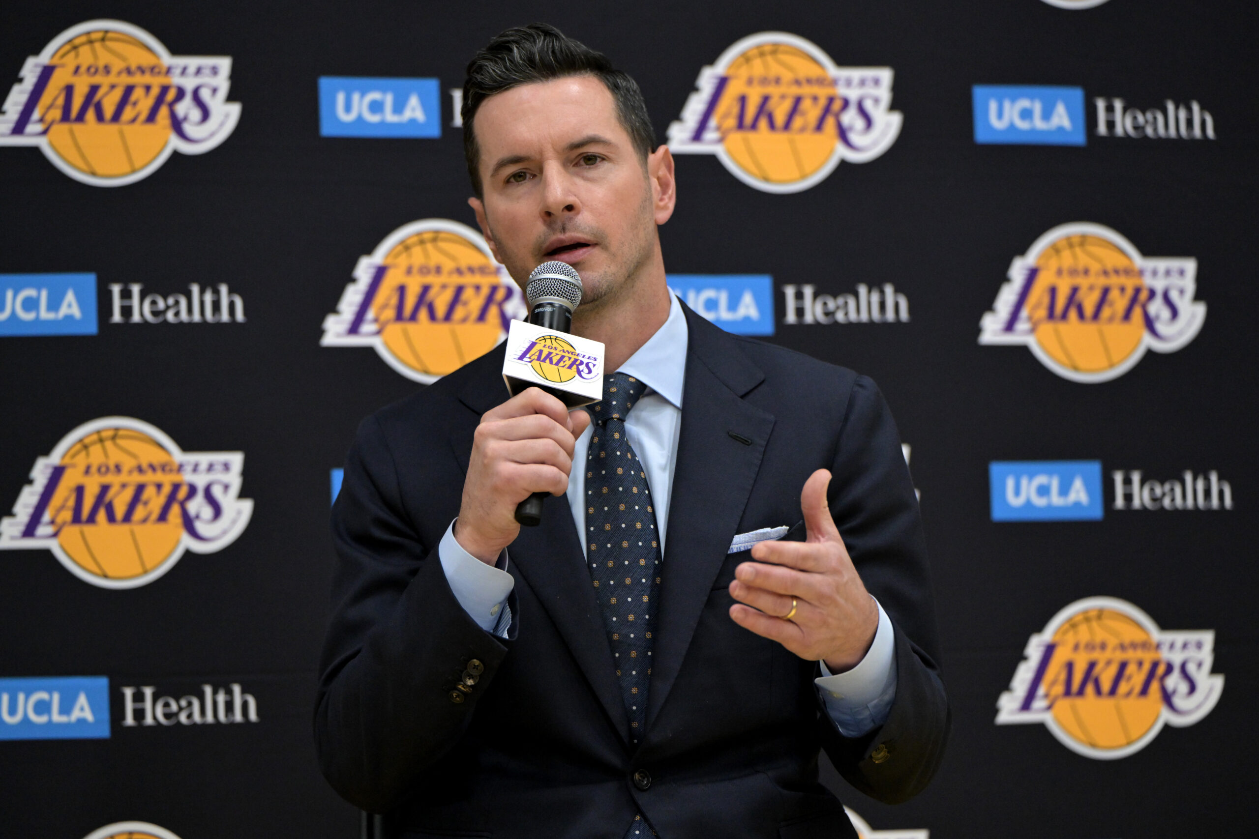 Jun 24, 2024; El Segundo, CA, USA; Los Angeles Lakers head coach JJ Redick speaks to the media during an introductory news conference at the UCLA Health Training Center. Mandatory Credit: Jayne Kamin-Oncea-USA TODAY Sports